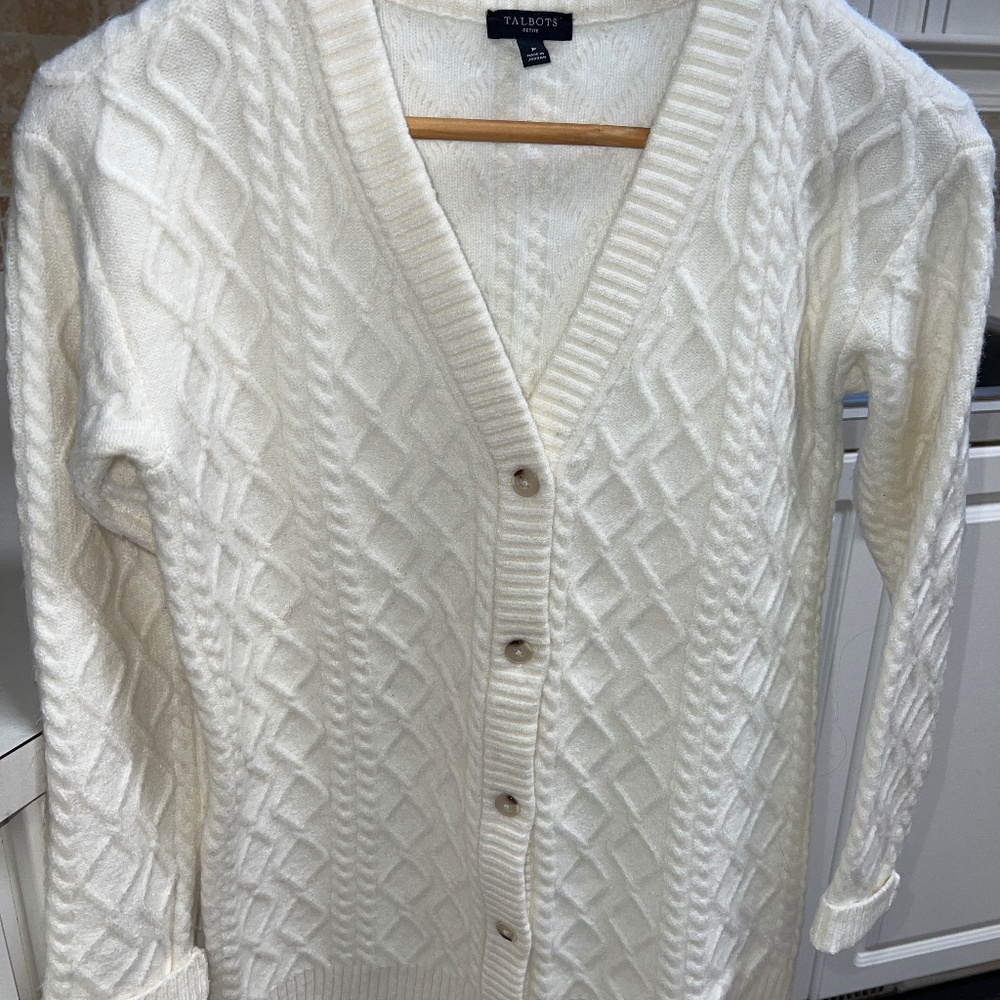 Talbots Cream Fisherman Cardigan Sweater, Size Petite, Like New